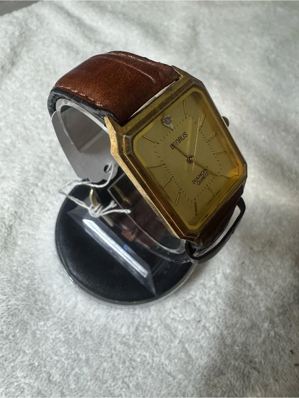 Benrus Gold-Tone Diamond Accent Quartz Watch with Brown Leather Strap